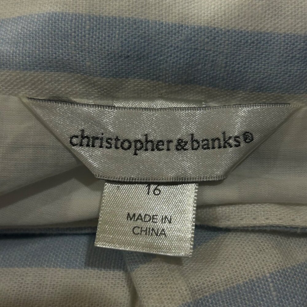 Christopher & Banks Skirt Women 16 Blue Cream Striped Linen Blend Pleated Midi - Picture 3 of 9